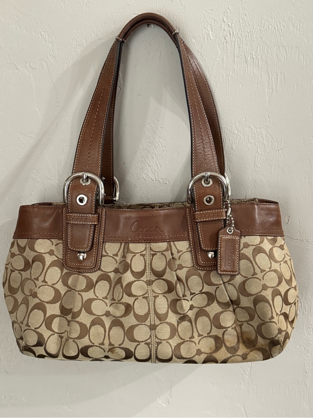 Coach Signature Jacquard Buckle Tote Bag Monogram Shoulder Bag in Brown & Beige